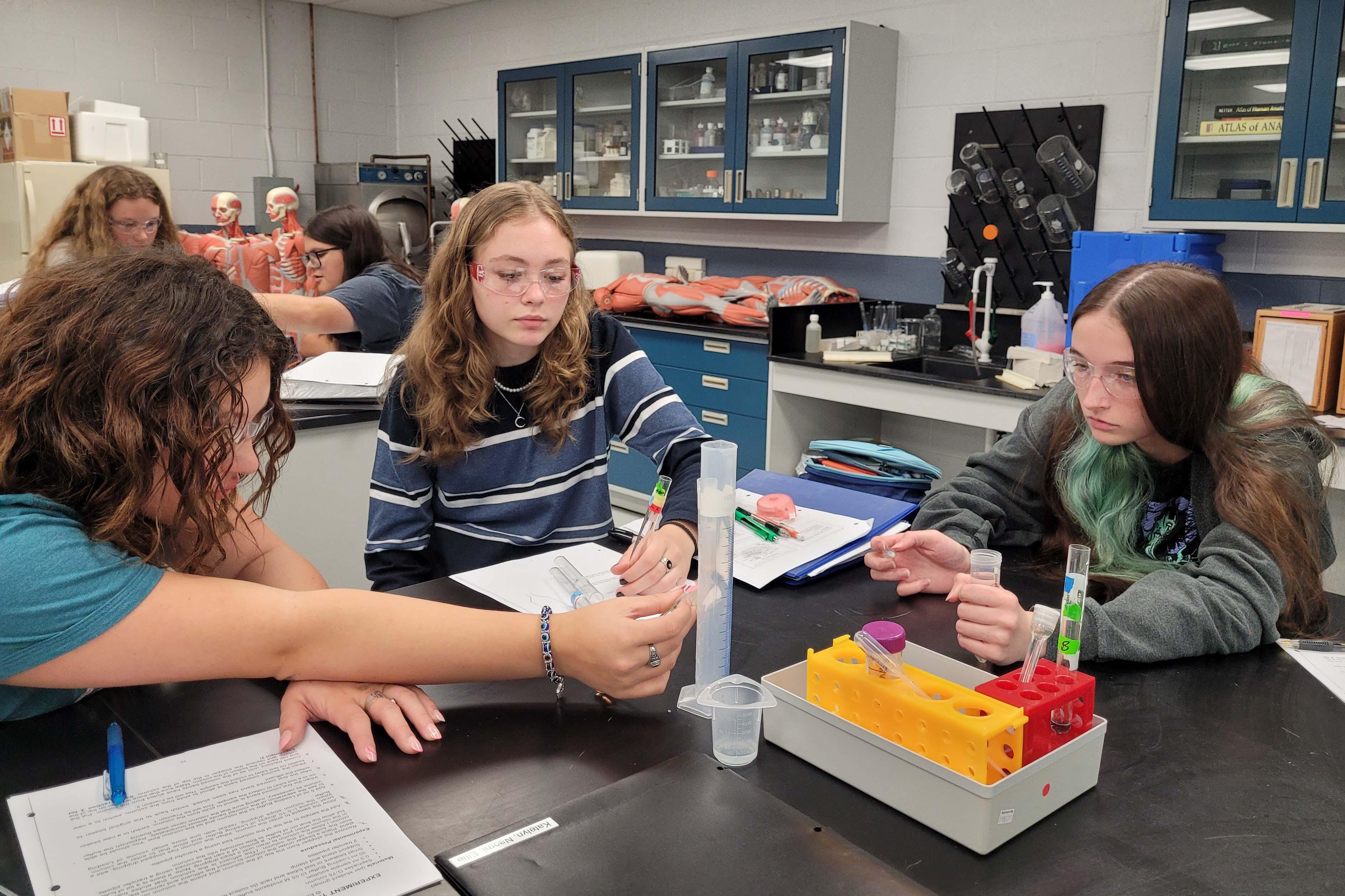 Students conduct ion exchange chromatography to separate proteins by charge in College Biology.