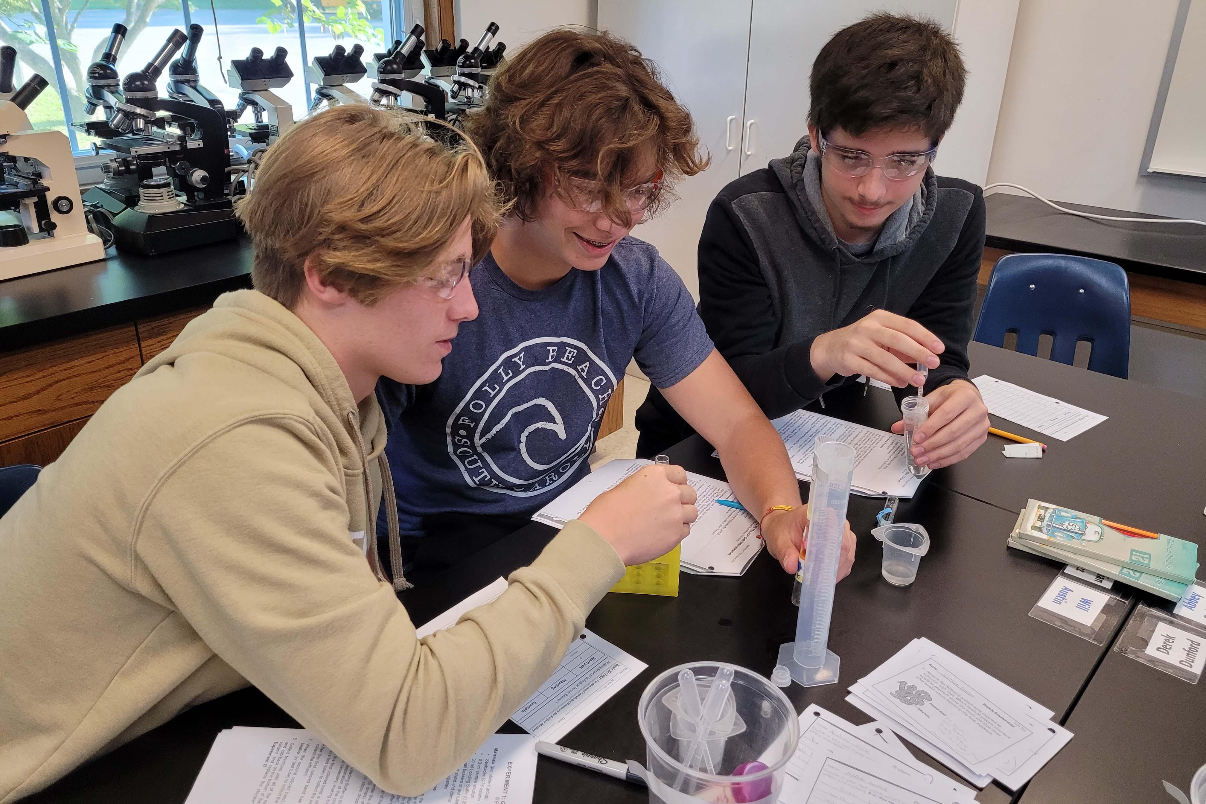 Students in College Biology compare column chromatography methods for separation of protein mixtures.